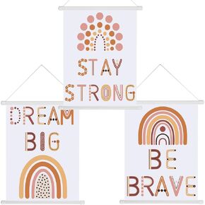 Fumete 3 Pcs Boho Nursery Wall Art Decor, Be Brave, Dream Big, Stay Strong Rainbow Canvas Wall Art Poster for Boys Girls Room Nursery Classroom Inspirational Decor