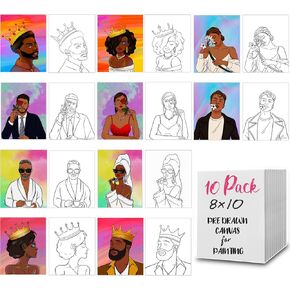 TEBTEOTEK Pre Drawn Canvas for Painting for Adults,Sip and Paint Kit for Adult's Girls Date Night,Pre Sketched Canvases for Painting with Picture to Paint Party Set 10 Pack 8x10 Inch (Afro Queen)