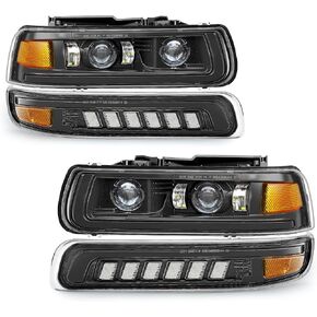 LED Headlights Assembly Headlamps Replacement Compatible with 1999-2002 Chevy Silverado 2000-2006 Chevrolet Suburban Tahoe DRL Turn Signal Hi/Low Beam with Bulbs (NOT FIT for GMC)