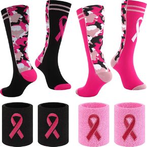 Xtinmee 24 Pairs Breast Cancer Socks Pink Ribbon Youth Football Socks Sweatbands for Breast Cancer Awareness