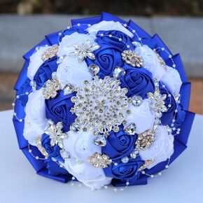 9.8" Royal Blue & White Bridal Wedding Bouquet Round Holding Bouquet Throw Toss Artificial Rose Flower Bunch for Bride Bridesmaid Wedding Quinceanera
