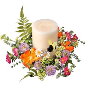 10 Inch Summer Blooms and Bumble Bee Candle Ring-Artificial Floral Yellow,Pink,Orange and White Blossoms
