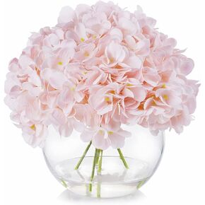 ENOVA FLORAL Silk Hydrangea Artificial Flowers in Vase with Faux Water, Pink Hydrangea Artificial Flowers with Vase Home Decor Indoor (Pink)