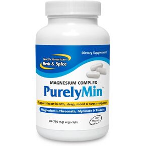 NORTH AMERICAN HERB & SPICE PurelyMin - 90 Vegi Caps - Highly Absorbable Magnesium Complex + L-Theanine - 30 Servings