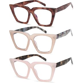 Oversized Reading Glasses for Women, 3 Pack Blue Light Blocking Stylish Cat Eye Computer Readers Lightweight LHJ211