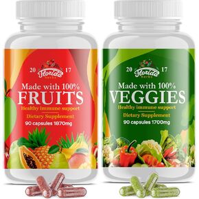 Fruits and Vegetables Supplement - 90 Fruit and 90 Veggie Capsules - Nature Vitamins, Balance of Fruits and Veggies Supports Energy Balance, Soy Free, Vegan Capsules - 90 Count (Pack of 2)