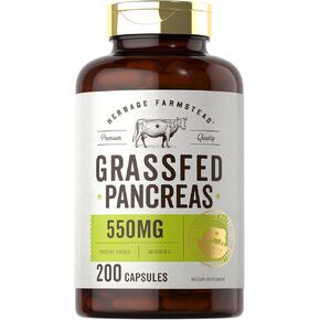 Carlyle Grass Fed Beef Pancreas | 550mg | 200 Capsules | Desiccated Pasture Raised Bovine Supplement | Non-GMO, Gluten Free | by Herbage Farmstead
