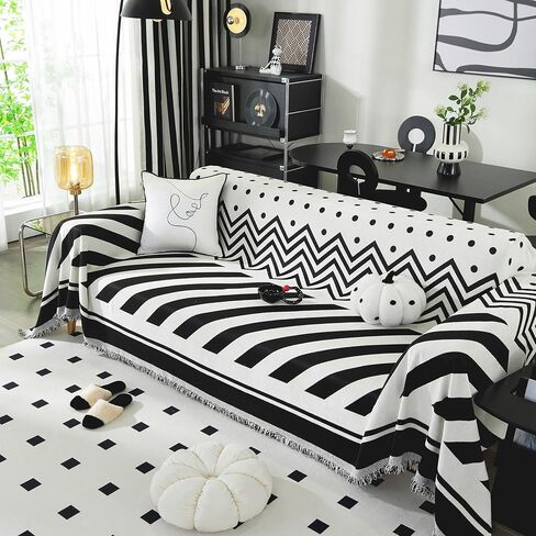 غطاء أريكة Tritard Boho، أغطية أريكة مقطعية مخططة قابلة للعكس، أغطية أريكة Loveseat باللون الأسود والأبيض، أغطية وسائد من الشنيل مع واقي أريكة قابل للغسل بشراشيب للكلاب وغطاء فوتون للحيوانات الأليفة (71 بوصة - 134 بوصة) in Kuwait