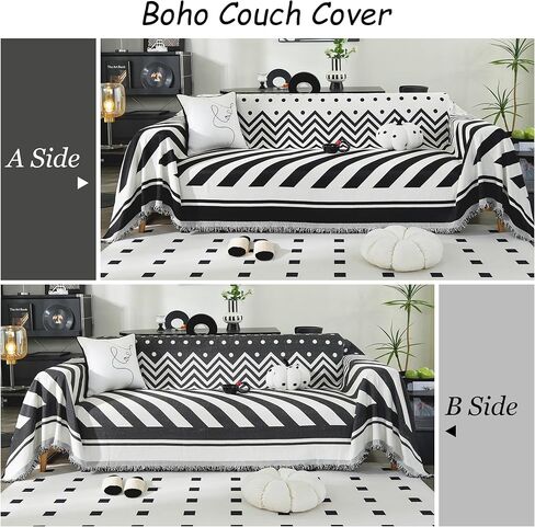 غطاء أريكة Tritard Boho، أغطية أريكة مقطعية مخططة قابلة للعكس، أغطية أريكة Loveseat باللون الأسود والأبيض، أغطية وسائد من الشنيل مع واقي أريكة قابل للغسل بشراشيب للكلاب وغطاء فوتون للحيوانات الأليفة (71 بوصة - 134 بوصة) in Kuwait