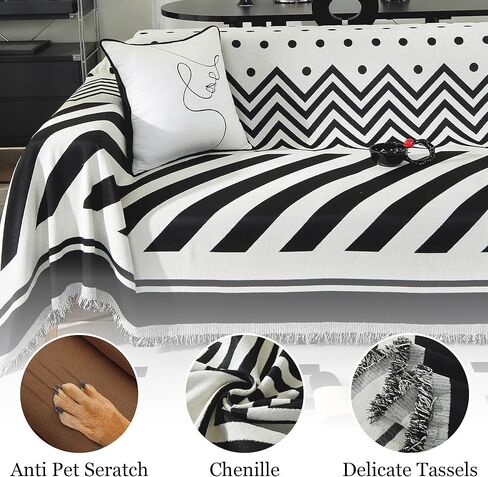 غطاء أريكة Tritard Boho، أغطية أريكة مقطعية مخططة قابلة للعكس، أغطية أريكة Loveseat باللون الأسود والأبيض، أغطية وسائد من الشنيل مع واقي أريكة قابل للغسل بشراشيب للكلاب وغطاء فوتون للحيوانات الأليفة (71 بوصة - 134 بوصة) in Kuwait