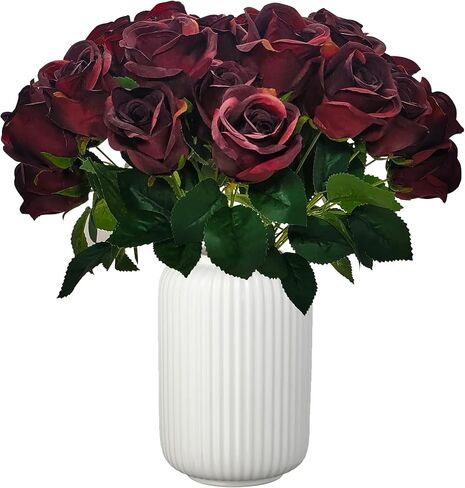 2 Pack Artificial Burgundy Roses Long Stem Silk Flowers 24 Heads Faux Dark Red Roses Artificial Flowers for Wedding Party Home Decor Proposal Bouquet Arrangements in Saudi Arabia