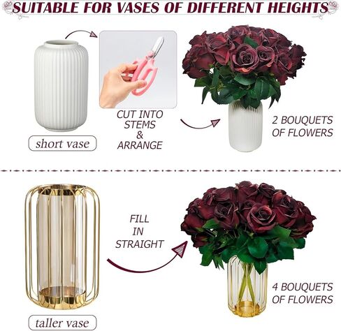 2 Pack Artificial Burgundy Roses Long Stem Silk Flowers 24 Heads Faux Dark Red Roses Artificial Flowers for Wedding Party Home Decor Proposal Bouquet Arrangements in Saudi Arabia