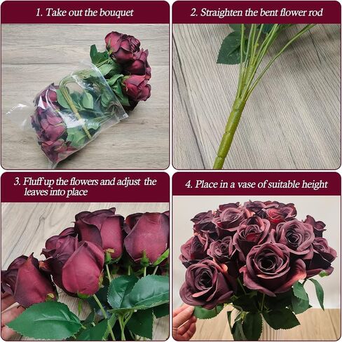 2 Pack Artificial Burgundy Roses Long Stem Silk Flowers 24 Heads Faux Dark Red Roses Artificial Flowers for Wedding Party Home Decor Proposal Bouquet Arrangements in Saudi Arabia