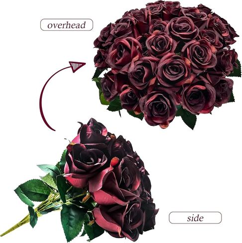 2 Pack Artificial Burgundy Roses Long Stem Silk Flowers 24 Heads Faux Dark Red Roses Artificial Flowers for Wedding Party Home Decor Proposal Bouquet Arrangements in Saudi Arabia