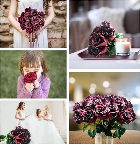 2 Pack Artificial Burgundy Roses Long Stem Silk Flowers 24 Heads Faux Dark Red Roses Artificial Flowers for Wedding Party Home Decor Proposal Bouquet Arrangements in Saudi Arabia