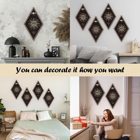 Zopedia القوطية جدار ديكور الشمس القمر مراحل القوطي السماوية جدار الفن شنقا ساحر غرفة المنزل جدار ديكور بوهو الخشب علامة مع الإطار لقاعة معرض غرفة نوم المعيشة 10.6 × 17 بوصة in Kuwait