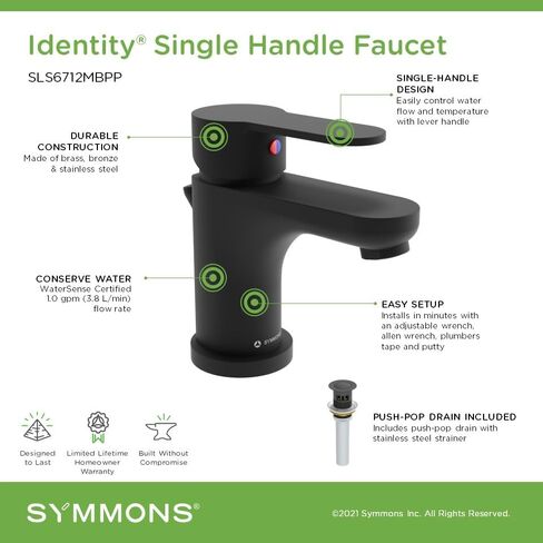 Symmons Identity Single Hole Single Handle Bathroom Faucet with Push Pop Drain in Matte Black (1.0 GPM), Large in Saudi Arabia
