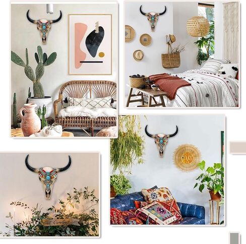 ديكور حائط على شكل جمجمة بقرة جنوب غرب من alikiki - جمجمة رأس ثور قبلية ريفية مع حجر فيروزي ثلاثي الأبعاد من الراتنج بقرن طويل، بيسون صناعي، جمجمة جاموس، تعليق على الحائط لغرفة المكتب المنزلية، زخرفة فنية جدارية in Kuwait