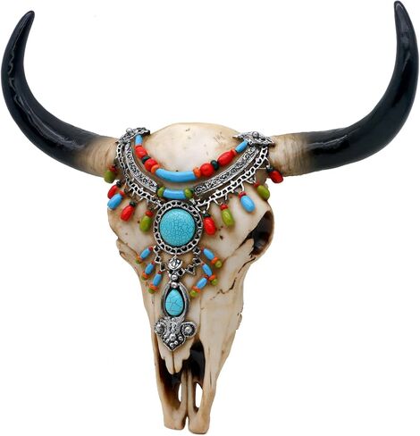 ديكور حائط على شكل جمجمة بقرة جنوب غرب من alikiki - جمجمة رأس ثور قبلية ريفية مع حجر فيروزي ثلاثي الأبعاد من الراتنج بقرن طويل، بيسون صناعي، جمجمة جاموس، تعليق على الحائط لغرفة المكتب المنزلية، زخرفة فنية جدارية in Kuwait