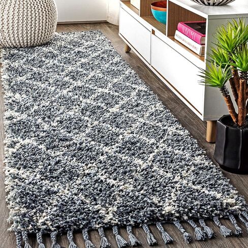 JONATHAN Y MCR104B-8 Mercer Shag Plush Tassel Moroccan Geometric Trellis Indoor Area-Rug Bohemian Easy-Cleaning High Traffic Bedroom Kitchen Living Room, 8 ft x 10 ft, Cream/Grey in Saudi Arabia