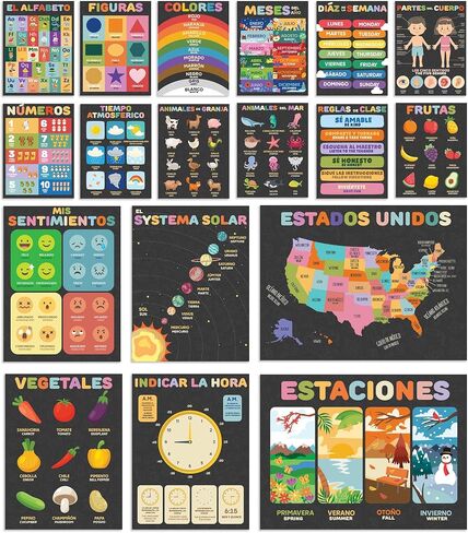 Wallbuddy 34 Pack Spanish Educational Posters for Preschoolers | 18 Educational Posters + 16 ABC 123 Learning Spanish for Kids Poster | Numbers, Animals, Fruits, Maps, Shapes Poster, White in Saudi Arabia
