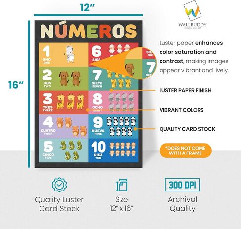 Wallbuddy 34 Pack Spanish Educational Posters for Preschoolers | 18 Educational Posters + 16 ABC 123 Learning Spanish for Kids Poster | Numbers, Animals, Fruits, Maps, Shapes Poster, White in Saudi Arabia
