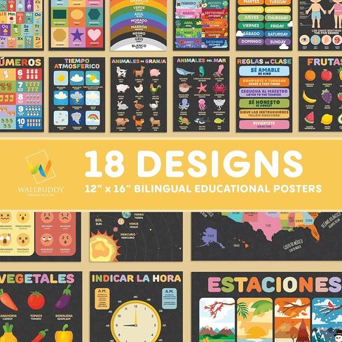 Wallbuddy 34 Pack Spanish Educational Posters for Preschoolers | 18 Educational Posters + 16 ABC 123 Learning Spanish for Kids Poster | Numbers, Animals, Fruits, Maps, Shapes Poster, White in Saudi Arabia