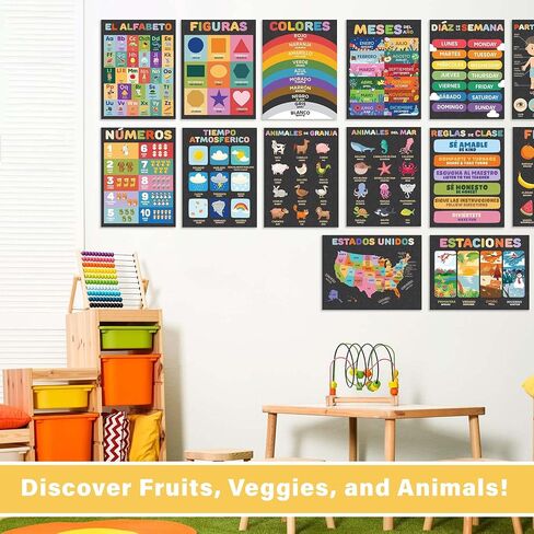 Wallbuddy 34 Pack Spanish Educational Posters for Preschoolers | 18 Educational Posters + 16 ABC 123 Learning Spanish for Kids Poster | Numbers, Animals, Fruits, Maps, Shapes Poster, White in Saudi Arabia