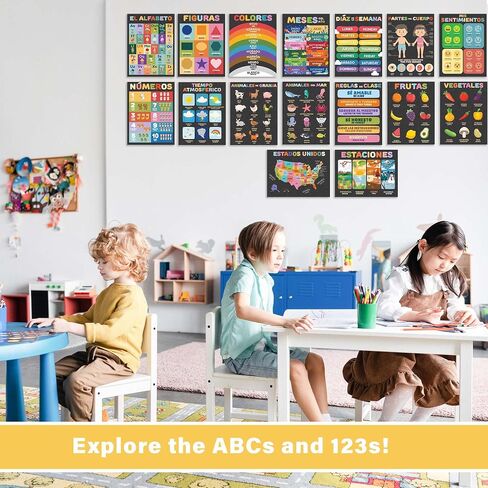 Wallbuddy 34 Pack Spanish Educational Posters for Preschoolers | 18 Educational Posters + 16 ABC 123 Learning Spanish for Kids Poster | Numbers, Animals, Fruits, Maps, Shapes Poster, White in Saudi Arabia
