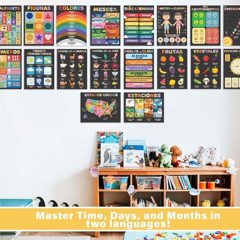 Wallbuddy 34 Pack Spanish Educational Posters for Preschoolers | 18 Educational Posters + 16 ABC 123 Learning Spanish for Kids Poster | Numbers, Animals, Fruits, Maps, Shapes Poster, White in Saudi Arabia