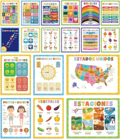Wallbuddy 34 Pack Spanish Educational Posters for Preschoolers | 18 Educational Posters + 16 ABC 123 Learning Spanish for Kids Poster | Numbers, Animals, Fruits, Maps, Shapes Poster, White in Kuwait