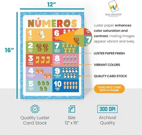 Wallbuddy 34 Pack Spanish Educational Posters for Preschoolers | 18 Educational Posters + 16 ABC 123 Learning Spanish for Kids Poster | Numbers, Animals, Fruits, Maps, Shapes Poster, White in Kuwait