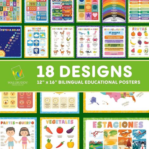 Wallbuddy 34 Pack Spanish Educational Posters for Preschoolers | 18 Educational Posters + 16 ABC 123 Learning Spanish for Kids Poster | Numbers, Animals, Fruits, Maps, Shapes Poster, White in Kuwait