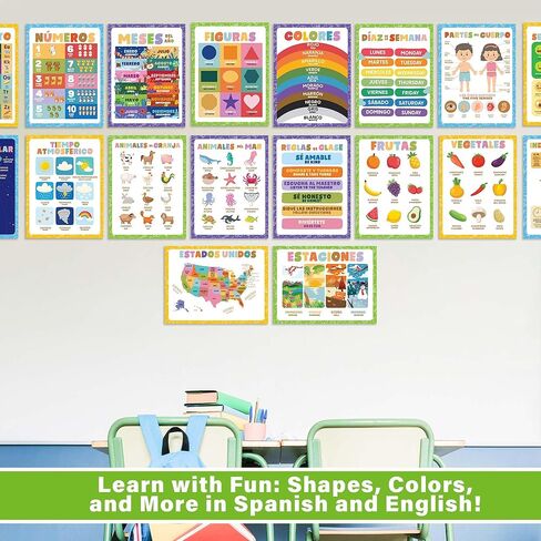 Wallbuddy 34 Pack Spanish Educational Posters for Preschoolers | 18 Educational Posters + 16 ABC 123 Learning Spanish for Kids Poster | Numbers, Animals, Fruits, Maps, Shapes Poster, White in Kuwait