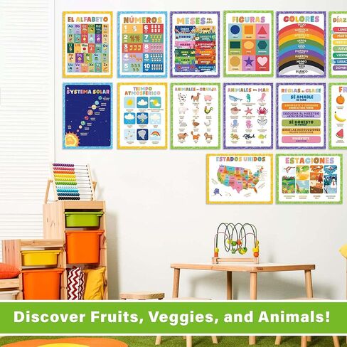 Wallbuddy 34 Pack Spanish Educational Posters for Preschoolers | 18 Educational Posters + 16 ABC 123 Learning Spanish for Kids Poster | Numbers, Animals, Fruits, Maps, Shapes Poster, White in Kuwait