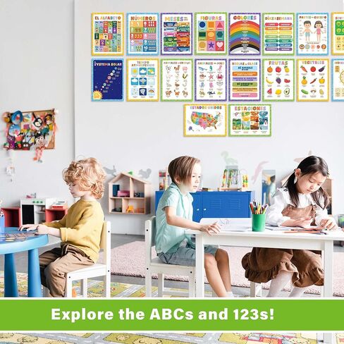 Wallbuddy 34 Pack Spanish Educational Posters for Preschoolers | 18 Educational Posters + 16 ABC 123 Learning Spanish for Kids Poster | Numbers, Animals, Fruits, Maps, Shapes Poster, White in Kuwait