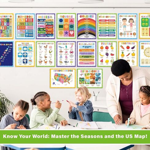 Wallbuddy 34 Pack Spanish Educational Posters for Preschoolers | 18 Educational Posters + 16 ABC 123 Learning Spanish for Kids Poster | Numbers, Animals, Fruits, Maps, Shapes Poster, White in Kuwait