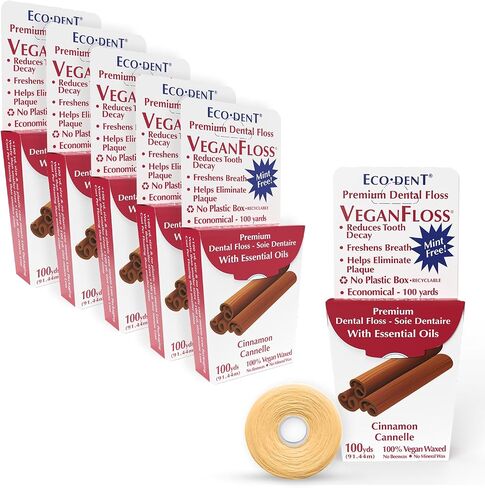 Eco-Dent VeganFloss Dental Floss, Waxed, Cinnamon - Floss with Vegan Plant-Based Wax, Recyclable Cardboard Packaging, 100 Yds (Pack of 6) in Saudi Arabia