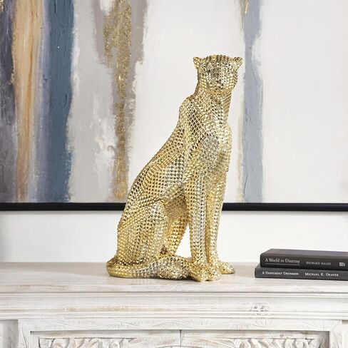 Deco 79 Resin Leopard Decorative Sculpture Sitting Home Decor Statue with Diamond Facet Texture, Accent Figurine 9" x 13" x 21", Gold in Saudi Arabia