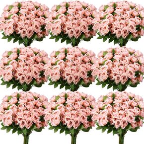 XunYee 300 Pieces Artificial Rose Flower Realistic Silk Roses with Bouquet Stems Plastic DIY Fake Rose Flowers for Wedding Home Centerpieces Party Decorations (Beige)