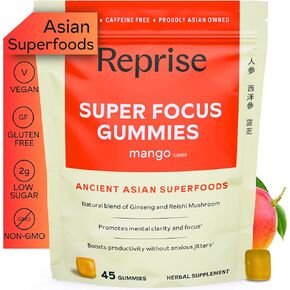 Focus Gummies for Adults | American & Korean Ginseng with Reishi Mushroom extracts | All Natural Gummies for Focus, Mood, and Energy | Mango Flavored | 45 Count