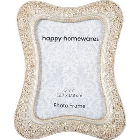 Happy Homewares Contemporary Floral Daisy 5x7 Resin Sculptured Picture Frame in Antique Cream with Gold Trim | Black Velveteen Backing | Table or Wall