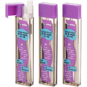 Enday Mechanical 0.9 Lead Pencil and Eraser Refills, Black HB #2 Lead 0.5 Refill, White Eraser Refills for Pencil Tops, Pack of 3 (20 Pieces of Lead and 6 Erasers per Tube)