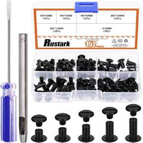 75 Sets 5 Sizes M5 Gun Black Chicago Screws Assorted Kit with Setting Tools Kit, Round Flat Head Chicago Rivets Chicago Bolts Chicago Metal Screws Studs for DIY Leather Craft Bookbinding