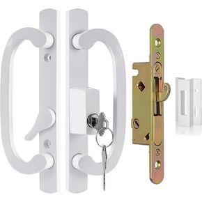 Keyed Sliding Patio Door Handle Replacement with Zinc Diecast I/E Pulls, Offset Thumbturn - Fits 1-3/8" to 2-1/4" Thick Door, 3-15/16" Hole Spacing, Non-Handed, with Mortise Lock + Keeper