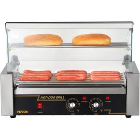 VEVOR Hot Dog Roller, 30 Hot Dog Capacity 11 Rollers, 1800W Stainless Steel Cook Warmer Machine w/Cover & Dual Temp Control, LED Light & Detachable Drip Tray, Sausage Grill Cooker for Kitchen Canteen