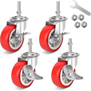 3 Inch Heavy Duty Stem Casters Swivel Wheels with Brake - 3/8" -16 x 1-1/2" (Stem Diameter 3/8", Stem Length 1-1/2"),Set of 4 with Locking Threaded Stem Caster Wheels - Load 600lbs