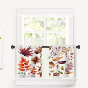 Fall Leaves Kitchen Tier Curtains for Windows, Autumn Leaves and Berries Blackout Valances Multilayer Polyester Window Treatments for Kitchen 2 Pack 26X24 Inches
