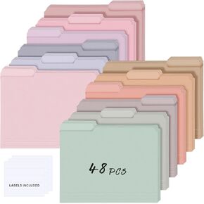 48 Pcs Colored Manila File Folders Letter Size Paper File Folders with Labels 9.49 x 11.61 Inch 1/3 Cut Tab File Folders for Home Office School Organizer Dividers Notes