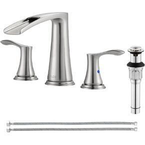 PARLOS Waterfall Widespread Bathroom Faucet Double Handles with Metal Pop Up Drain & cUPC Faucet Supply Lines, Oil Rubbed Bronze, Demeter 1431803